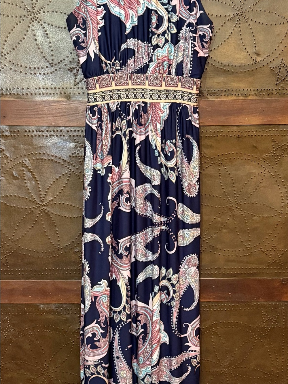 Gilli Navy Paisley Maxi Dress with Pink and Cream Accents